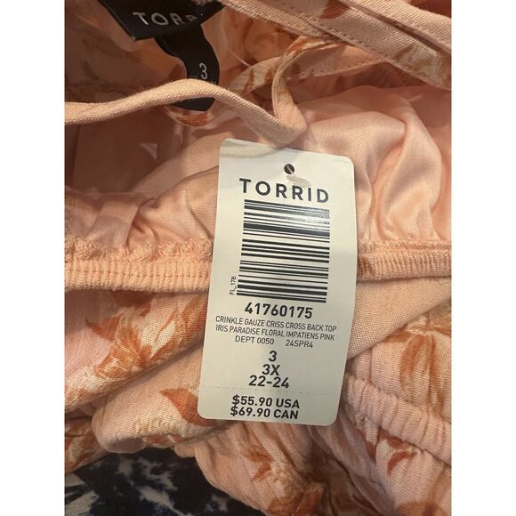 NWT Torrid Washable Crinkle Gauze Cris Cross Back Top Peach Floral Blouse 3 3X - Picture 5 of 7